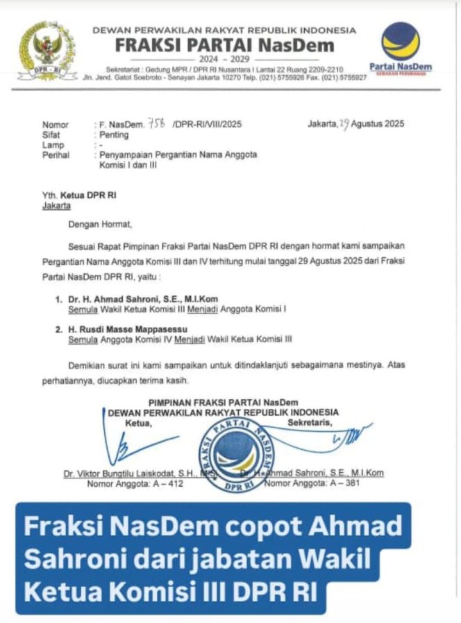 
 Surat Resmi Fraksi NasDem: Ahmad Sahroni Dirotasi dari Komisi III ke Komisi I DPR RI